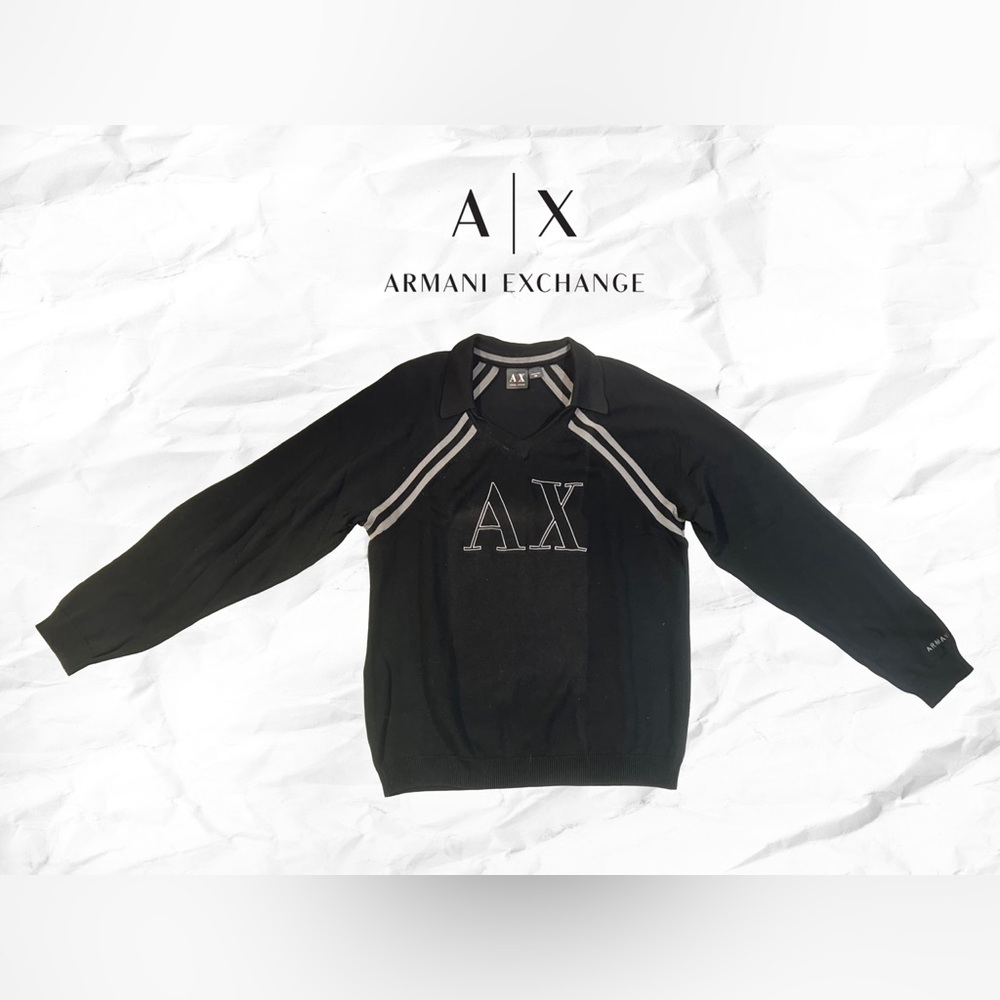 Armani Exchange Men’s Black V-neck Johnny collar Pullover with Embroidered Logo